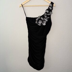 Deb Black One-Shoulder Ruched Dress with Silver Embellished Floral Strap